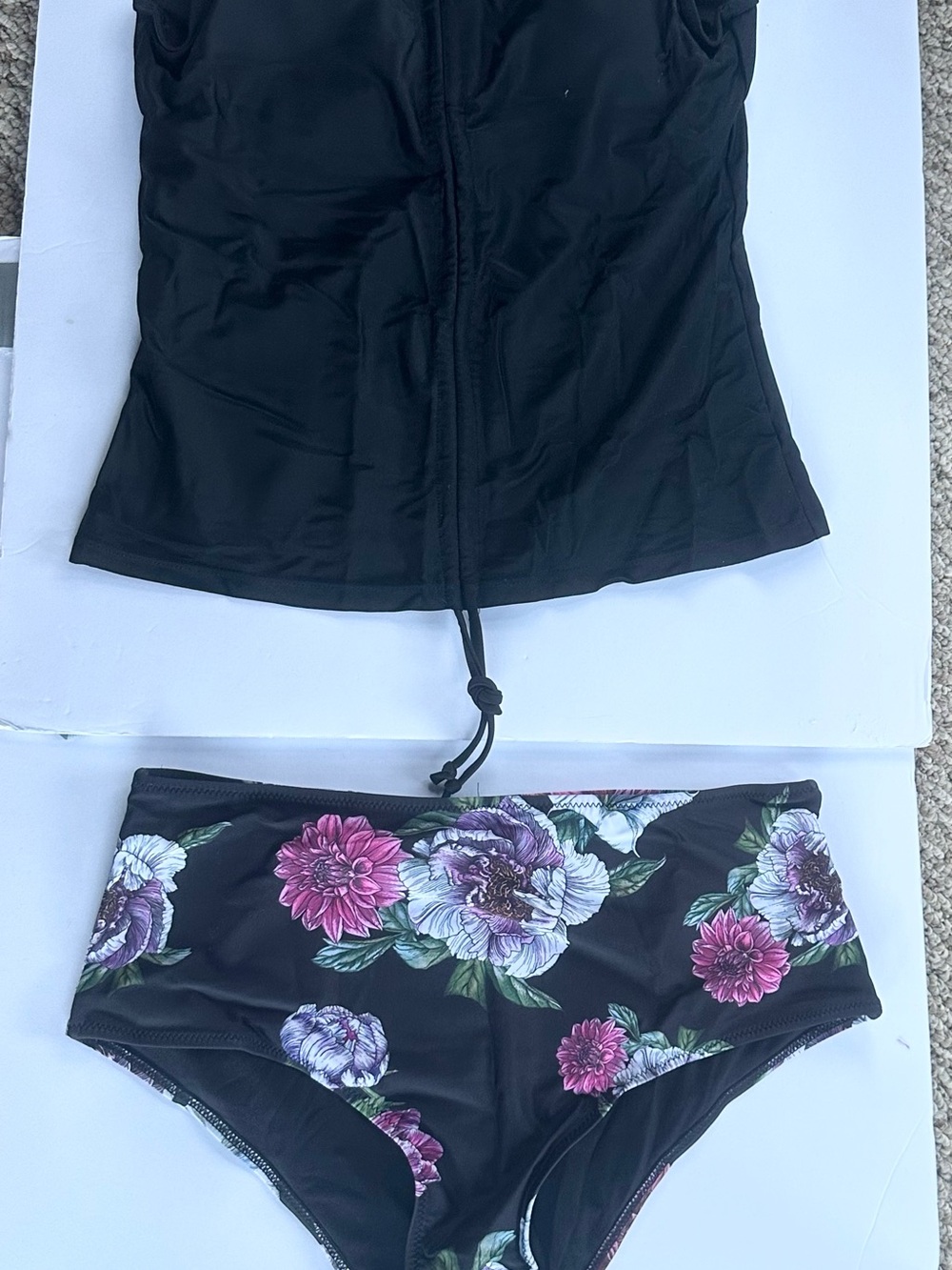 Black Floral Two-Piece Swim Set - Tankini Top & High Waist Bottoms